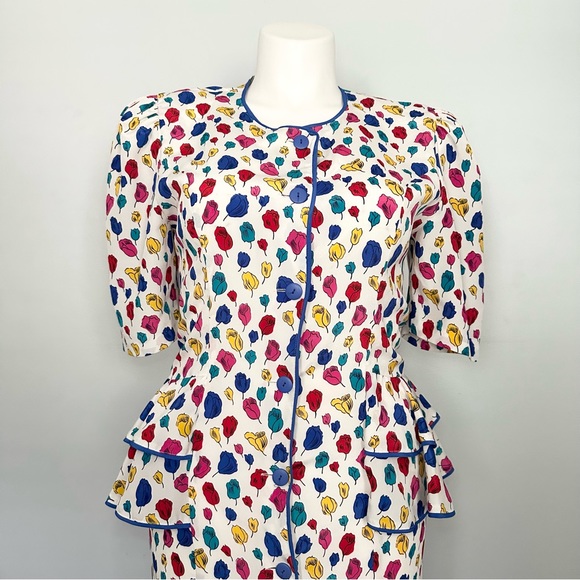 VTG 80s Floral Tulip Peplum Sheath Dress - Picture 5 of 6